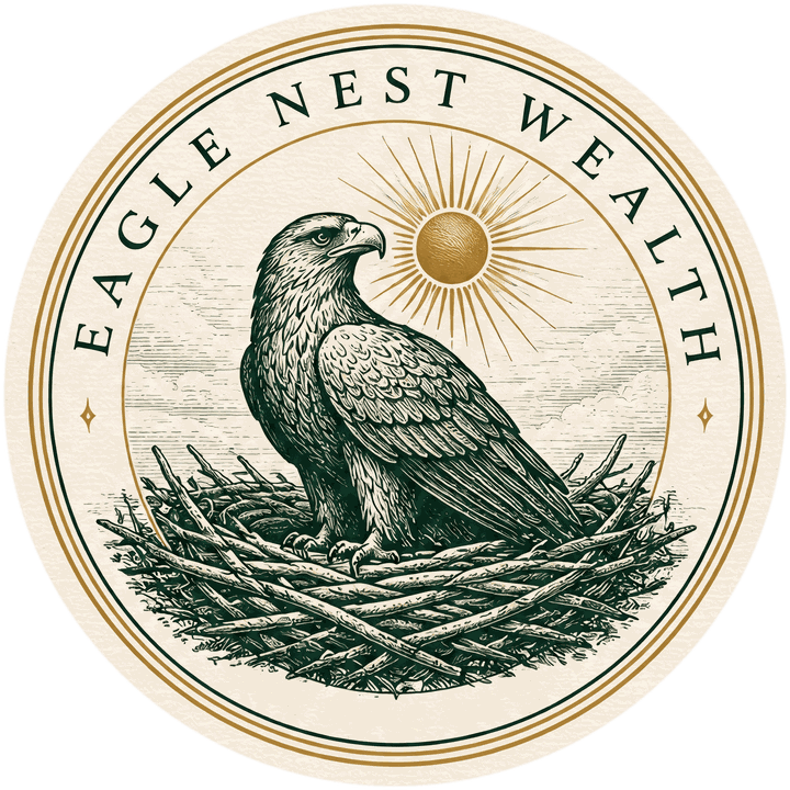 The Eagle Nest Wealth seal: an eagle standing watch over its nest beneath a rising sun, encircled by the words Eagle Nest Wealth.